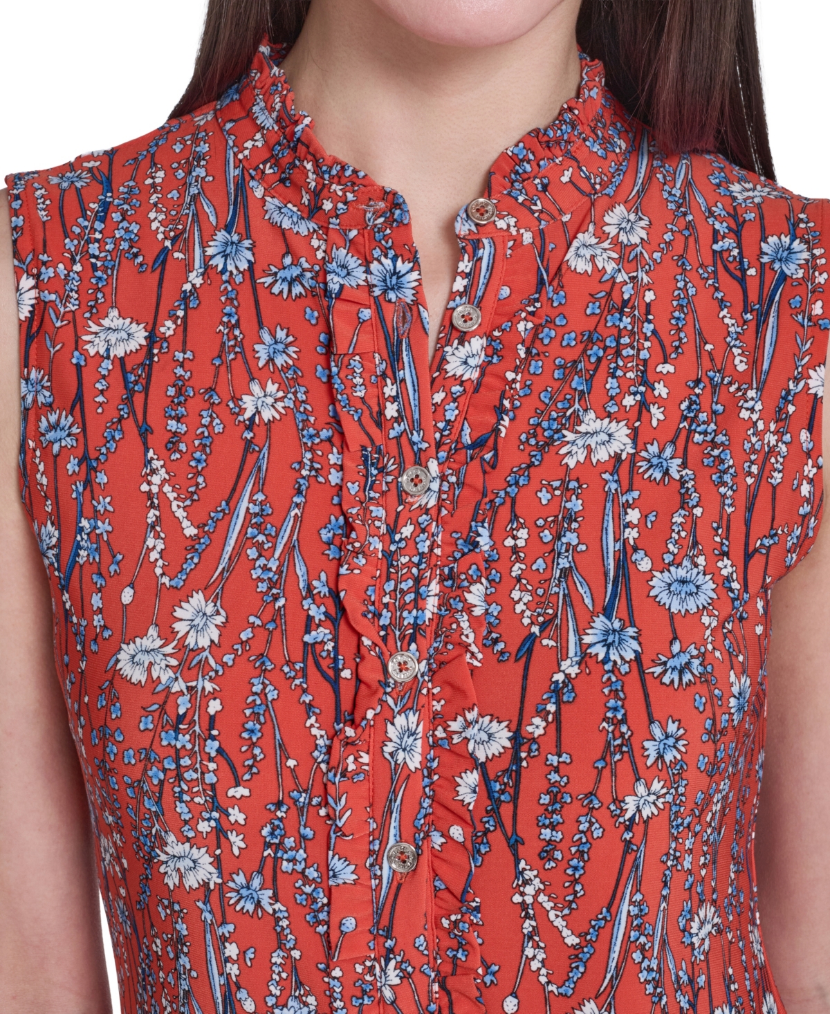 Tommy Hilfiger Women's Band Collar Ruffle Placket Top