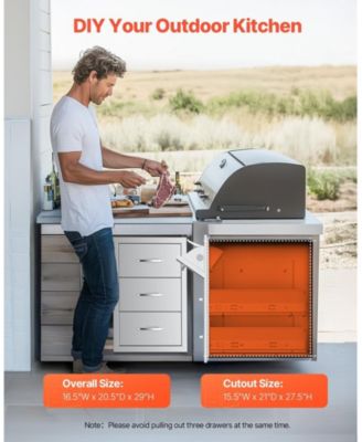 Stainless Steel Triple Access Outdoor Kitchen Drawers 16.5 x 29 x 20.5 in, Flush Mount BBQ Island