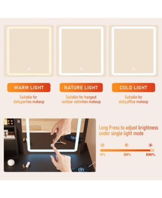 Vanity Desk with Sliding Mirror, LED Lights, Charging Station