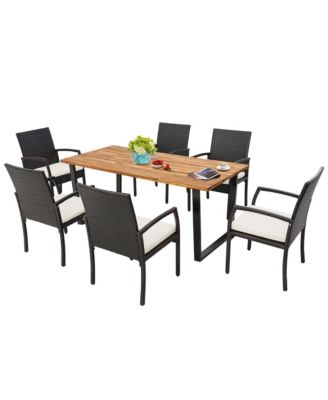 7PCS Rattan Dining Set Acacia Wood Table 6 Wicker Chairs w/ Umbrella Hole Patio