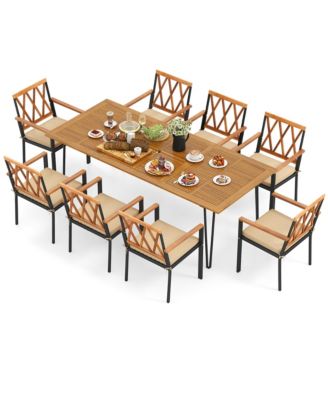 9 PCS Patio Dining Set w/ 8 Chairs Acacia Wood Table Top Umbrella Hole for Yard