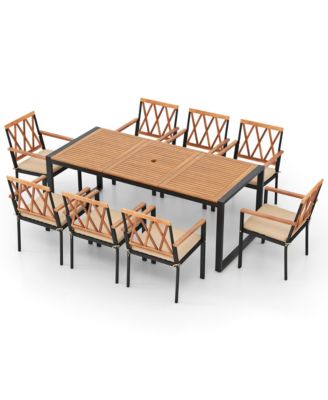 9 Pieces Patio Dining Set w/ Soft Cushions and 1.9'' Umbrella Hole for Garden
