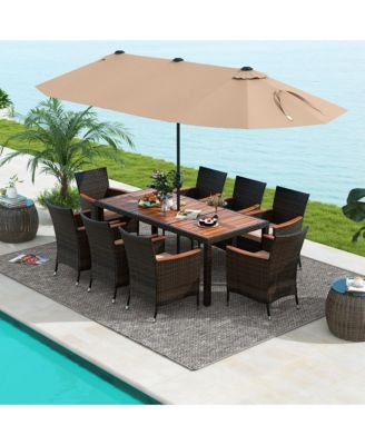 9 Piece Patio Wicker Dining Set w/ Double-Sided Patio Coffee Umbrella Stackable Chairs