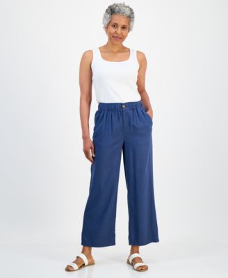 Petite Linen Blend Button-Front Wide-Leg Pants
