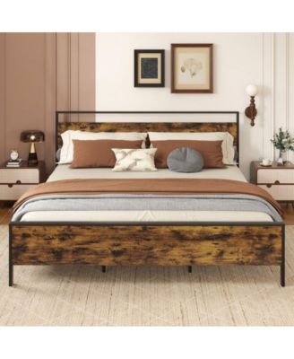 Metal Bed Frame Industrial Platform Bed with Wooden Headboard