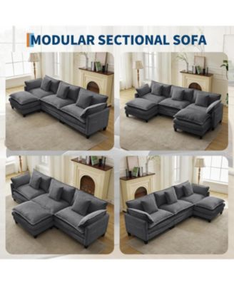 112" Modular Sectional Sofa, L/U-Shaped Corduroy Cloud Couch with Ottoman and Pillows, Deep Seat
