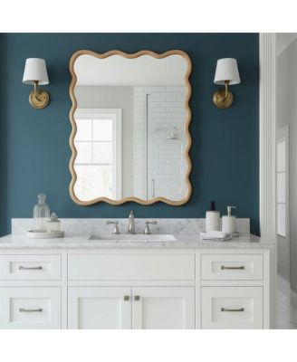 30" x 40" Natural Wood Wavy Rectangle Decorative Mirror, Solid Wood Frame for Bathroom Wall