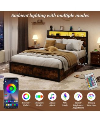 LED Bed Frame with Charging Station and 4 Storage Drawers