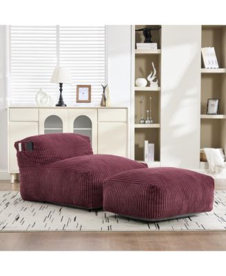 Big Corduroy Bean Bag Chair with Footstool, Memory Foam Filled Floor Chair with Side Pockets for Living Room