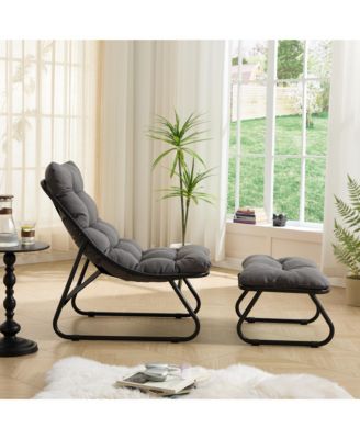Outdoor Lounge Chair - Sling Recliner Chair with Puffy Cushion and Foot Stool for Living Room, Reading Room