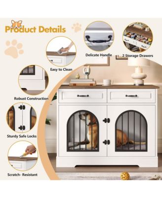43.3" Dog Crate Furniture with Storage Drawers, Side Doors for Medium Large Dogs, End Table Kennel, WhiteandBrown