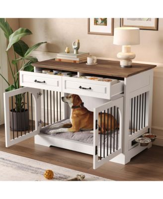 Farmhouse Dog Crate Furniture with Storage and Rotating Bowls, Metal Kennel for Large Dogs, Side Table