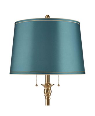 Dyna Traditional Tall 2-Light Standing Floor Lamp Pole Pull Chain Antique Brass Finish Drum Soft Teal Shade