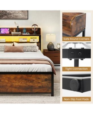 LED Bed Frame with Power Outlets and Storage Headboard