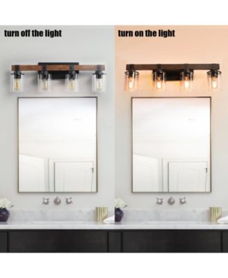 Modern Farmhouse 4-Light Vanity Light, 27" Industrial Wall Sconce with Wood Accents and Clear Glass Shades for Bathroom
