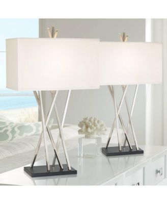 Asymmetry 30" Tall Large Modern End Table Lamps Set of 2 Silver Brushed Steel Finish Metal Living Room Bedroom