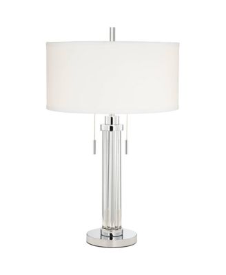 Modern Table Lamp Tall with USB Dimmer Linear Clear Glass Rod ] Linen Drum Shade for Bedroom Living Room House Bedside