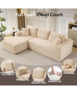 108" Cloud Sectional Sofa, L-Shaped Couch with Deep Seat, Corduroy, Beige Left Chaise
