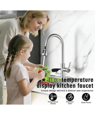 3-in-1 Kitchen Faucet with LED Temp Display, Glass Rinser and Pull-Down Sprayer, Brushed Nickel