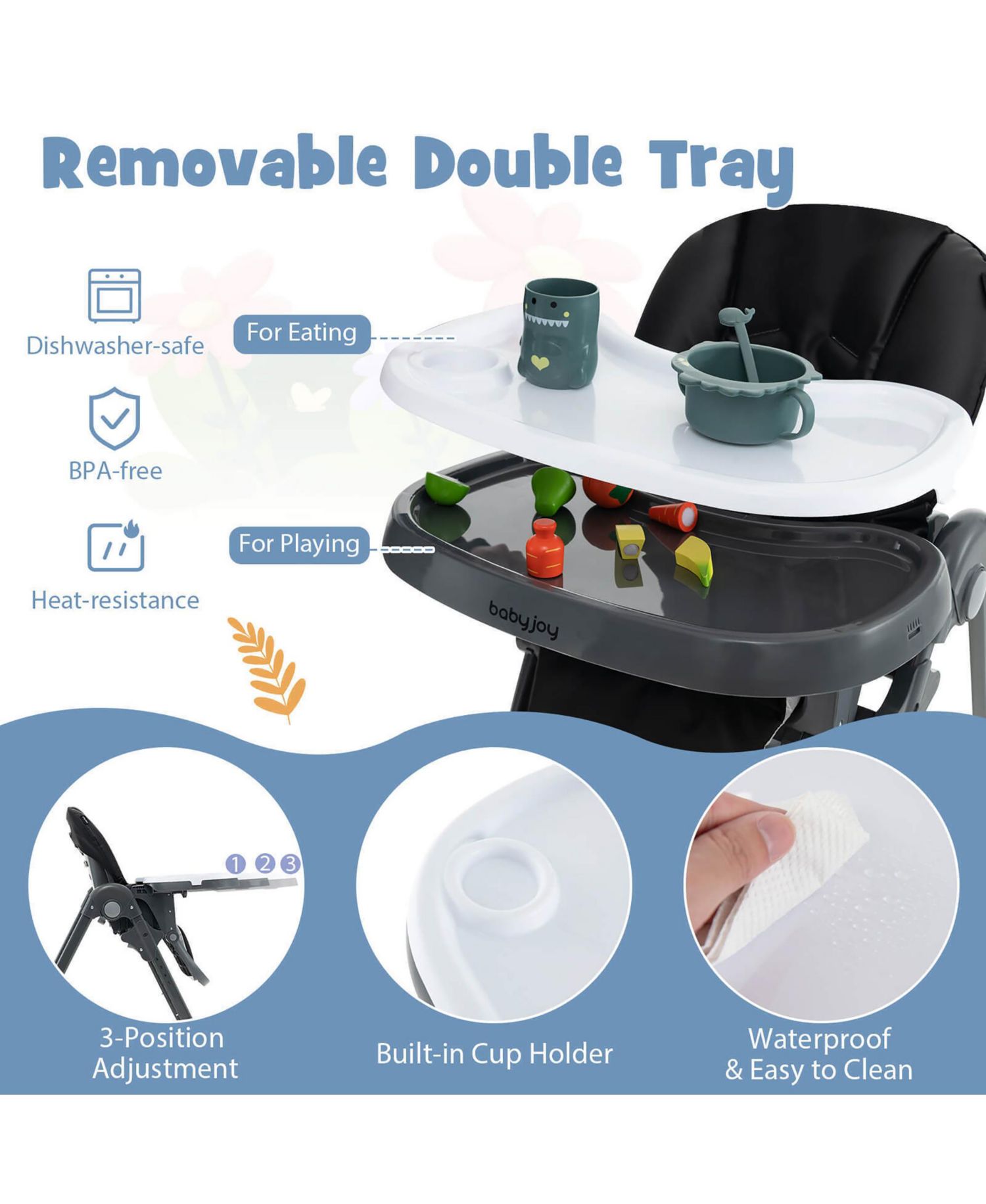 Baby High Chair w/ 7 Height and 3 Footrest Adjustable Cup holder 2 Wheels