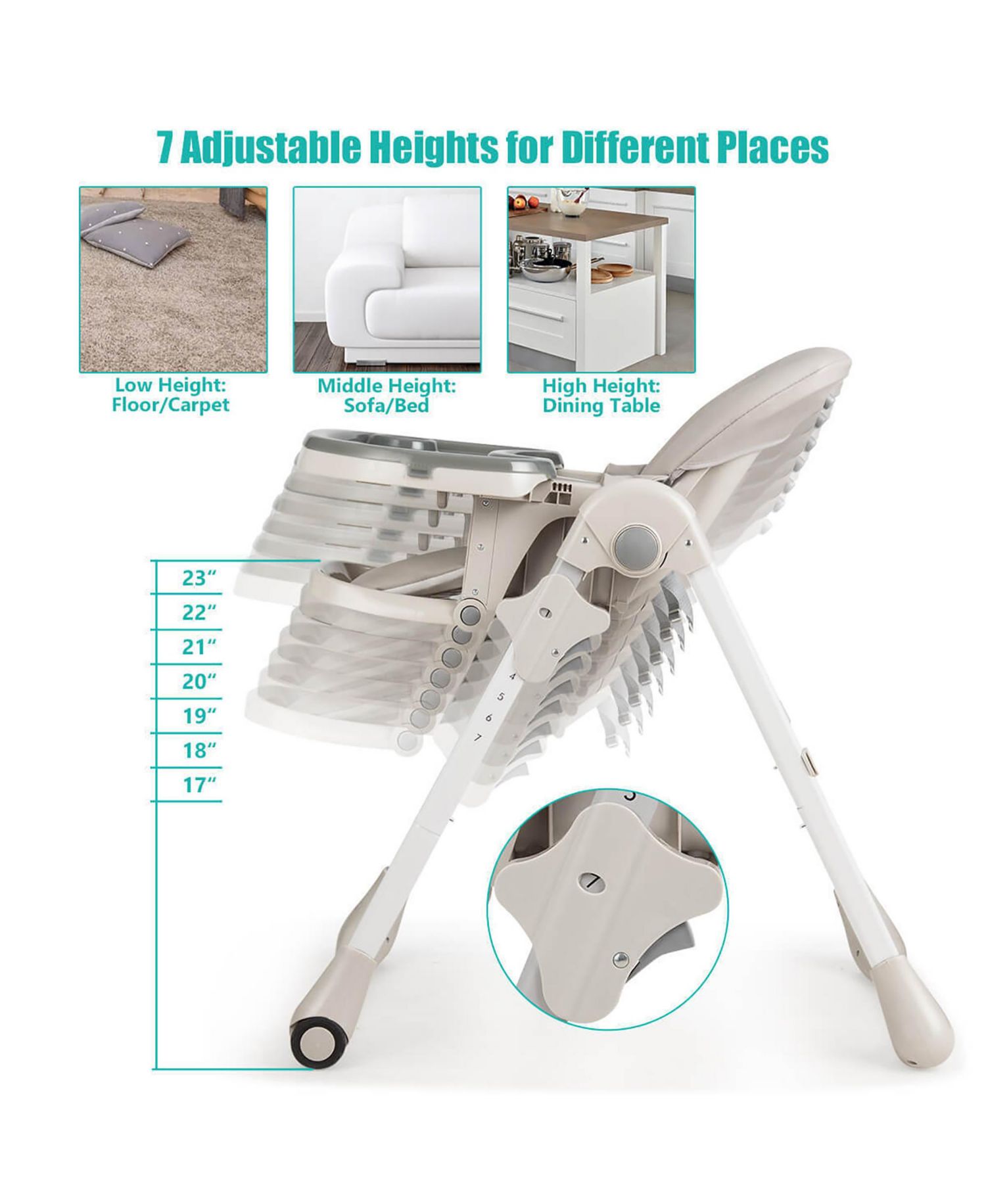 Baby High Chair w/ 7 Height and 3 Footrest Adjustable Cup holder 2 Wheels