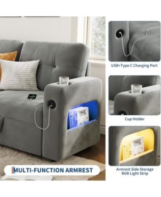84" Sleeper Sofa Bed, L-Shaped Convertible Couch with Storage, Charging Station and LED Lights