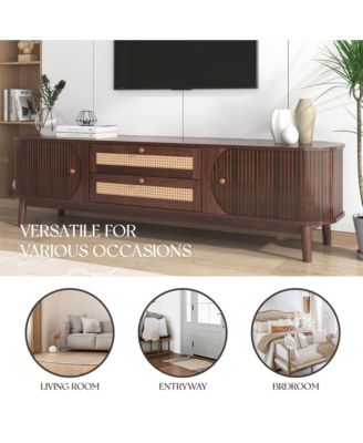 Rattan TV Stand for TVs up to 75'', Modern Farmhouse Media Console with Tambour Sliding Doors and Drawers, Media Console for Living Room