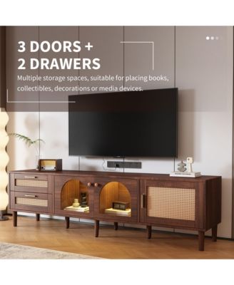 LED TV Stand for TVs up to 80'', Rattan Media Console Table, Entertainment Center with 3 Cabinets and 2 Drawers for Living Room