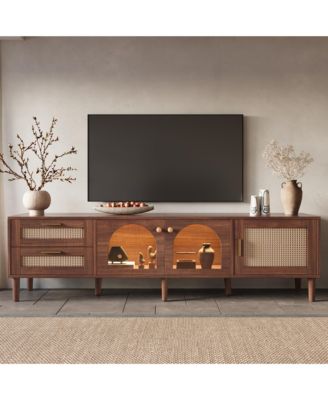 LED TV Stand for TVs up to 80'', Rattan Media Console Table, Entertainment Center with 3 Cabinets and 2 Drawers for Living Room