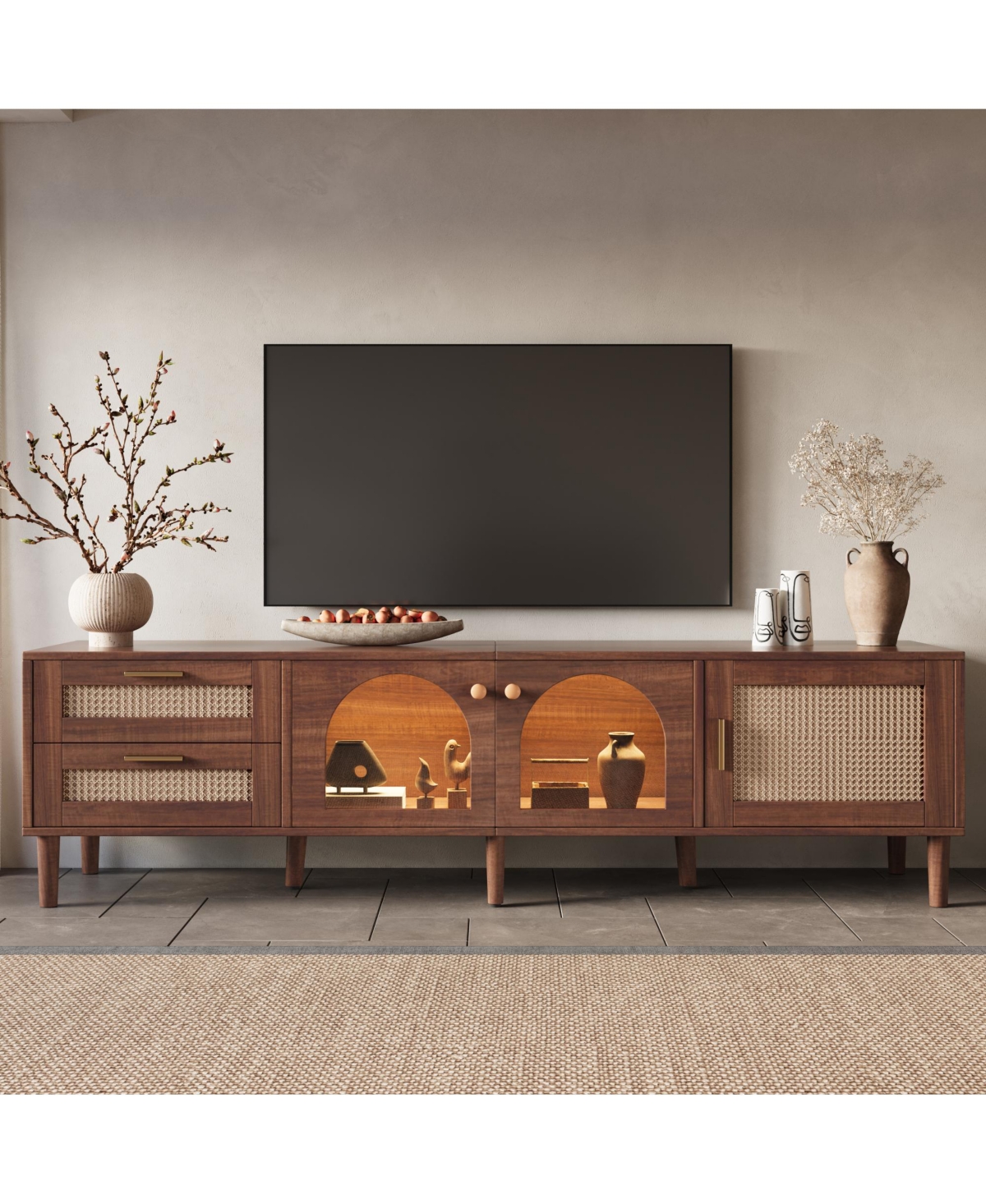 Rainsken Led Tv Stand for TVs up to 80'', Rattan Media Console Table, Entertainment Center with 3 Cabinets and 2 Drawers for Living Room