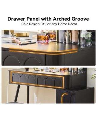 Modern Makeup Vanity Desk - 4 Drawer Dressing Table Set with Cushioned Stool, LED Lighted Mirror for Bedroom