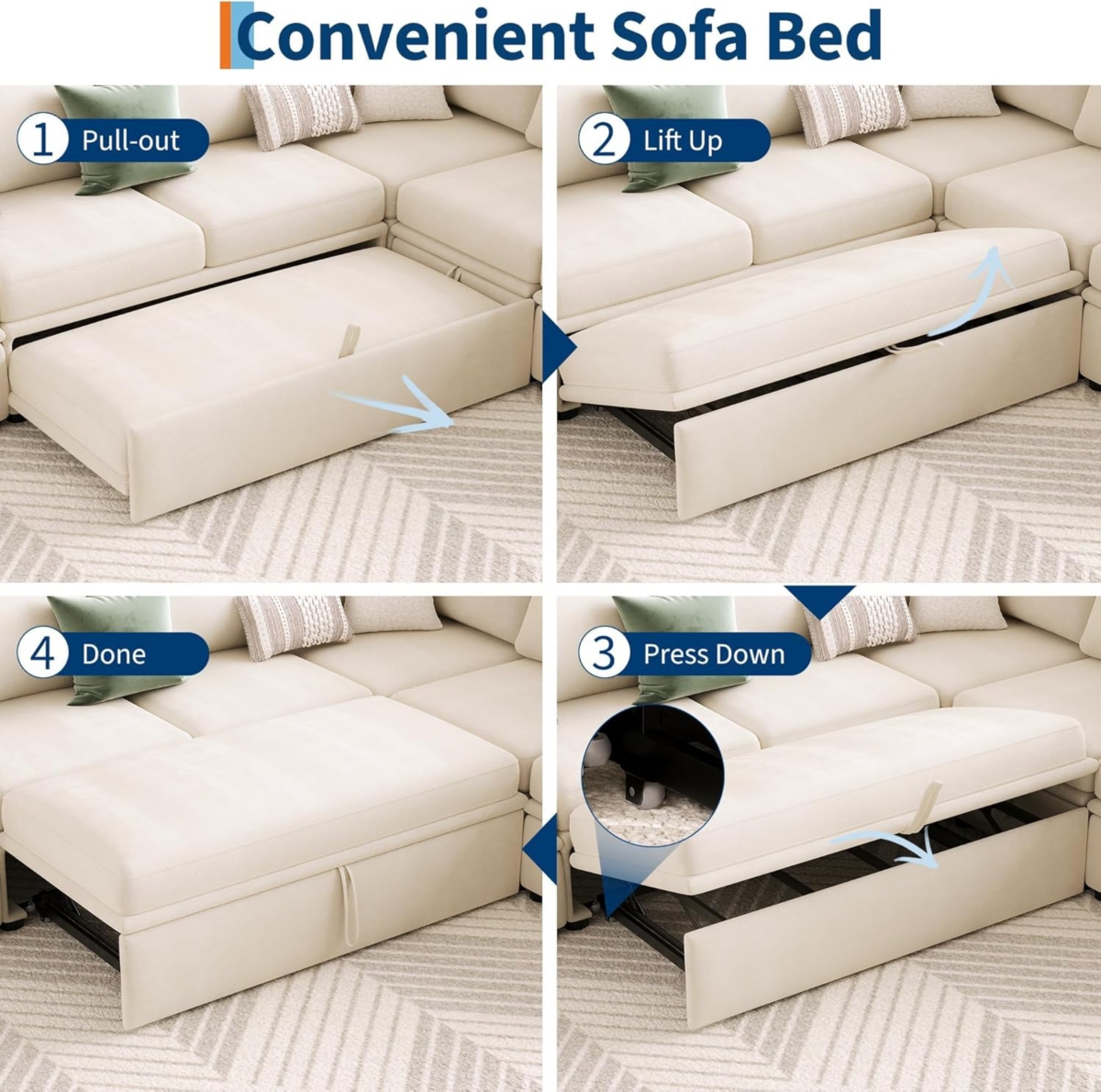 gaomon Sectional Sleeper Sofa, Corduroy Couch with Pull-Out Bed and Storage, Tool-Free Assembly