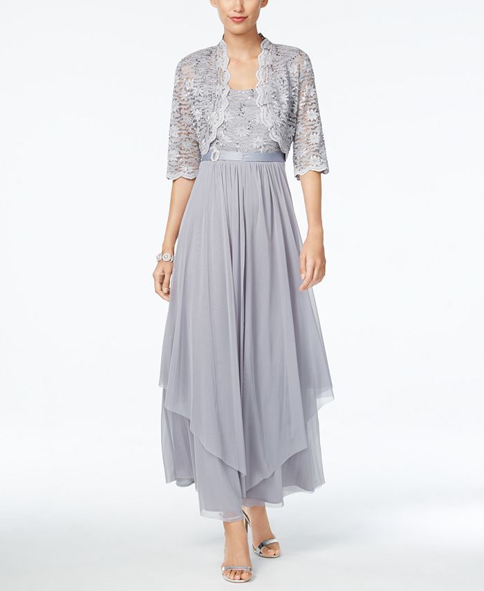 r&m richards sequined lace belted gown and jacket