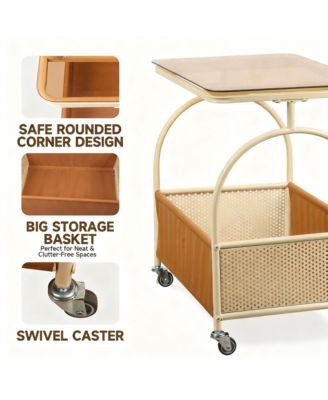 2-Tier Glass Top Rolling Side shelf with Storage Basket Mobile End Table on Wheels