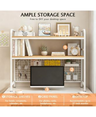 2-Tier Desktop Hutch Bookshelf Metal Grid Panel Storage Organizer