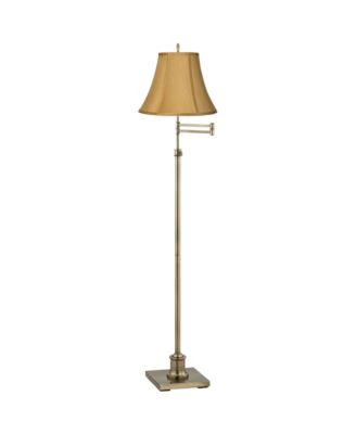 Traditional Swing Arm Floor Lamp Adjustable Height 70" Tall Antique Brass Coppery Fabric Bell Shade Living Room Reading