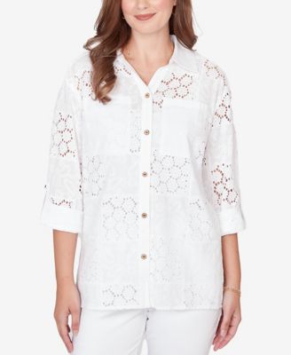Petite Patchwork Eyelet Roll-Tab-Sleeve Top