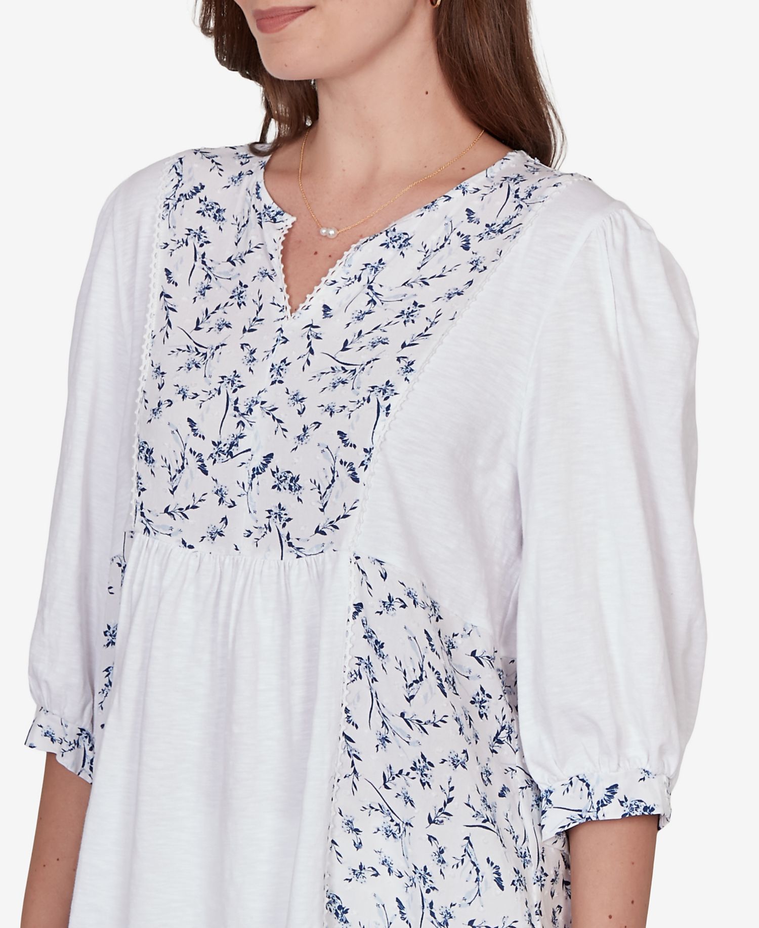 Petite Mixed Fabric Sharkbite Knit Top