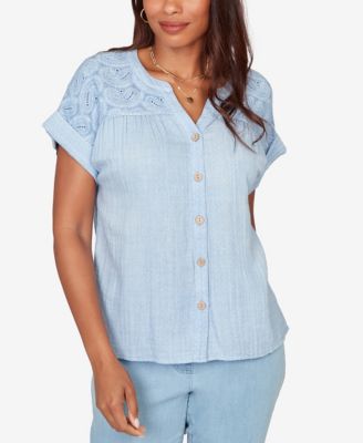 Petite Paisley Embroidered Gauze-Button T-Shirt