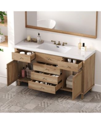 Bathroom Vanity with SMC Sink, Modern Storage Cabinet with Soft-Close Drawers and Rattan Doors, Silver Metal Knobs, 5 Pine Legs