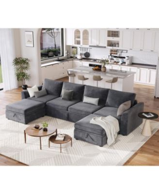 Sectional Sleeper Sofa with Pull-Out Bed, Chenille Modular Couch with Storage and 2 Ottomans