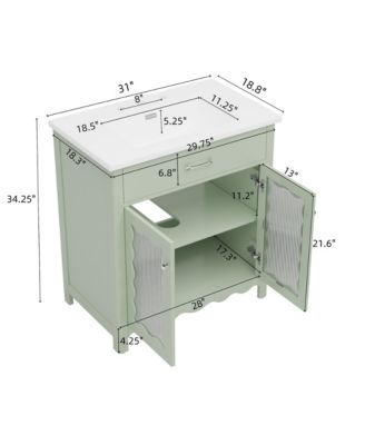 30" Bathroom Vanity with Tempered Glass, Modern Cabinet with Rubber Wood Legs and Soft-Close Doors