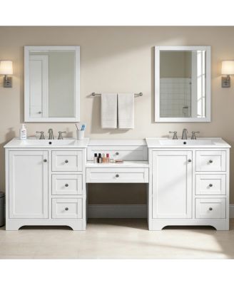 Double-Sink Bathroom Vanity, 2 Ceramic Sinks with Engineered Stone Countertop, Silver Knobs, 6 Soft-Close Drawers