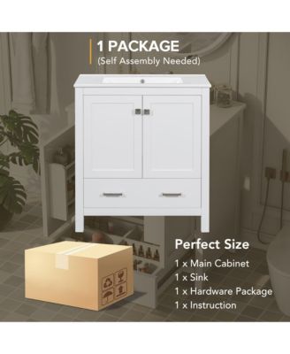 30" White Bathroom Vanity with Single Sink, Soft-Close Undermount Sink, 2-Door Cabinet with Drawer, Solid Wood Frame
