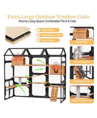 Large Wooden Outdoor Cat Enclosure with Plant Stands Multi Level Playpen Weather Resistant Roof Climbing Ramp
