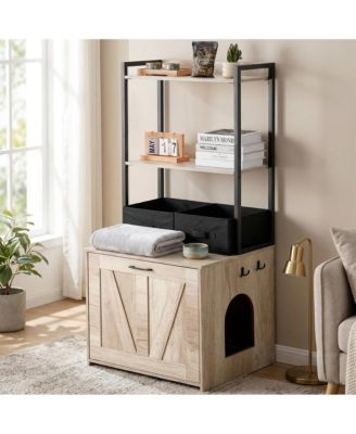 Hidden Cat Litter Box Enclosure Furniture with 2 Shelves and 2 Baskets Modern Pet Cabinet