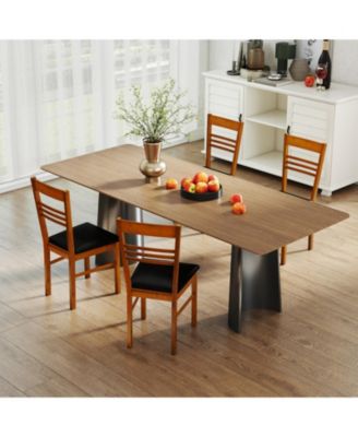 Set of 2 Slatted-Back Dining Chairs with PU Leather Cushion and Rubber Wood Frame