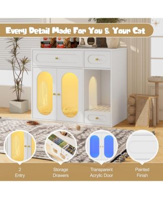Cat Litter Box Enclosure with LED Light, Storage Drawers and Acrylic Doors