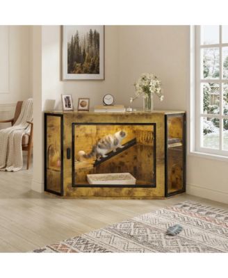 48 in. Corner Cat Litter Box Enclosure Modern Hidden Cabinet with Acrylic Door LED Light and Playground