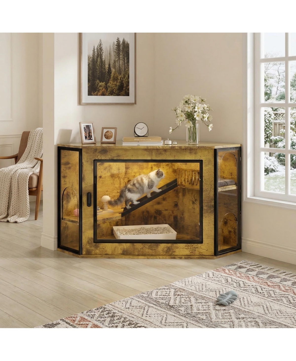 Zeus & Ruta 48 in. Corner Cat Litter Box Enclosure Modern Hidden Cabinet with Acrylic Door Led Light and Playground